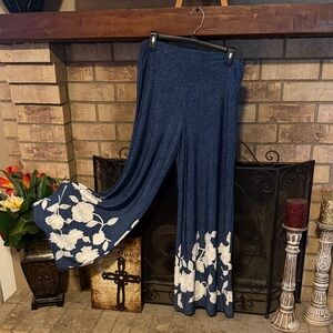 Navy Blue Floral Wide Leg Pants